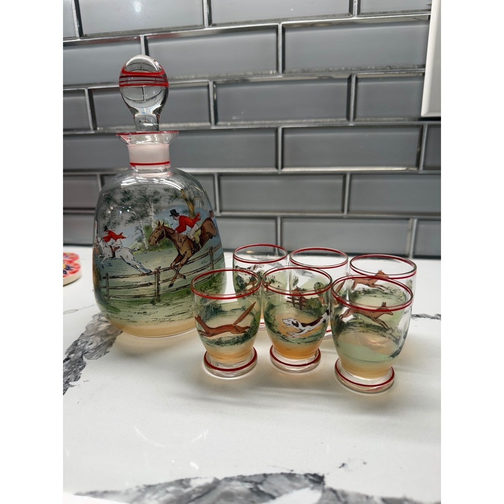 Vintage Hand Painted Fox Hunt Glass Decanter Set with 6 Shot Glasses Equestrian